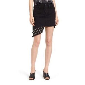 Misa Los Angeles The Super Star Asymmetrical Mini Grommet Jean Skirt Black Sz 24